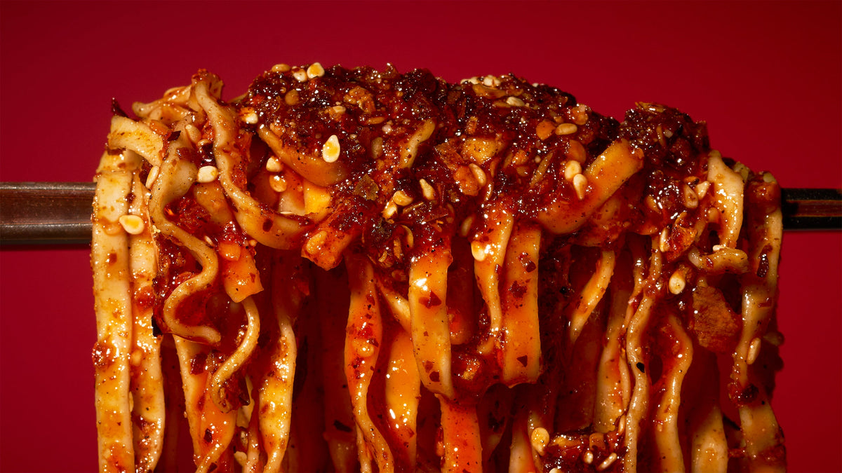 Noodles coated in Tapatio Chili Crisp