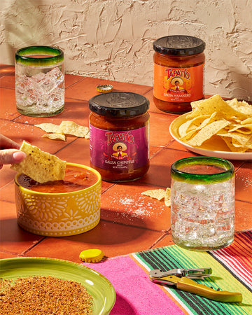 Tapatio salsa jars with tortilla chips